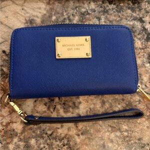 Michael Kors Blue Wristlet Wallet gold accents nice